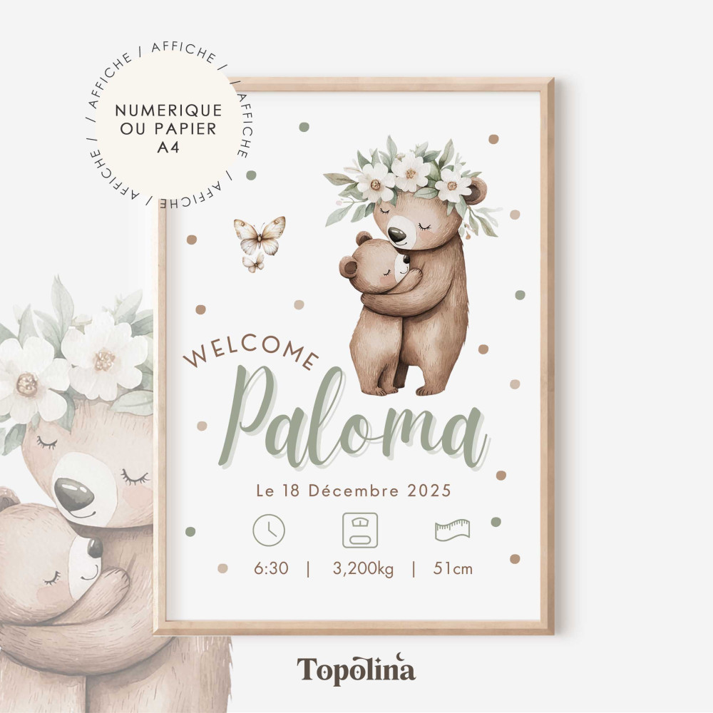 Affiche naissance ourson – Illustration maman et bébé