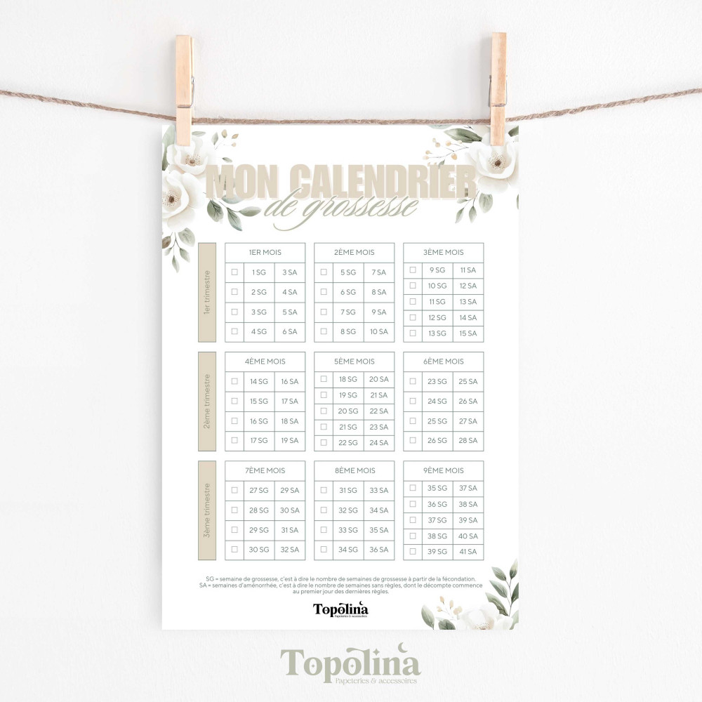 Calendrier de grossesse à cocher – Calcul SG et SA