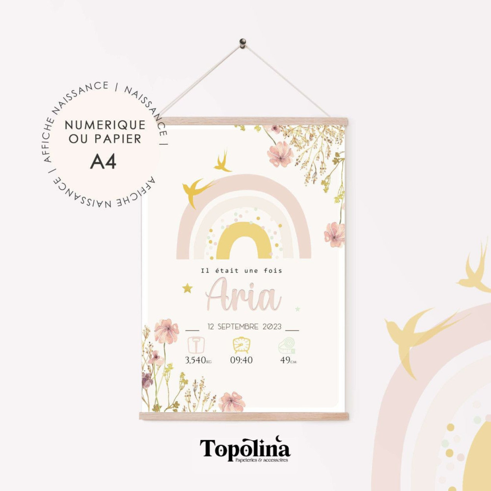 ★ Affiche naissance -  Arc en ciel & hirondelles