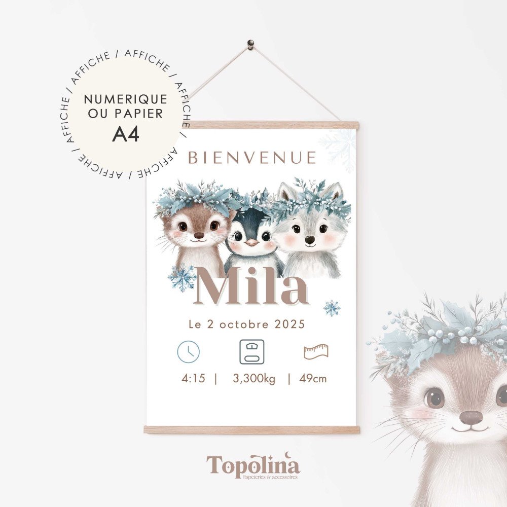 Affiche naissance animaux d’hiver – Loutre, loup & pingouin