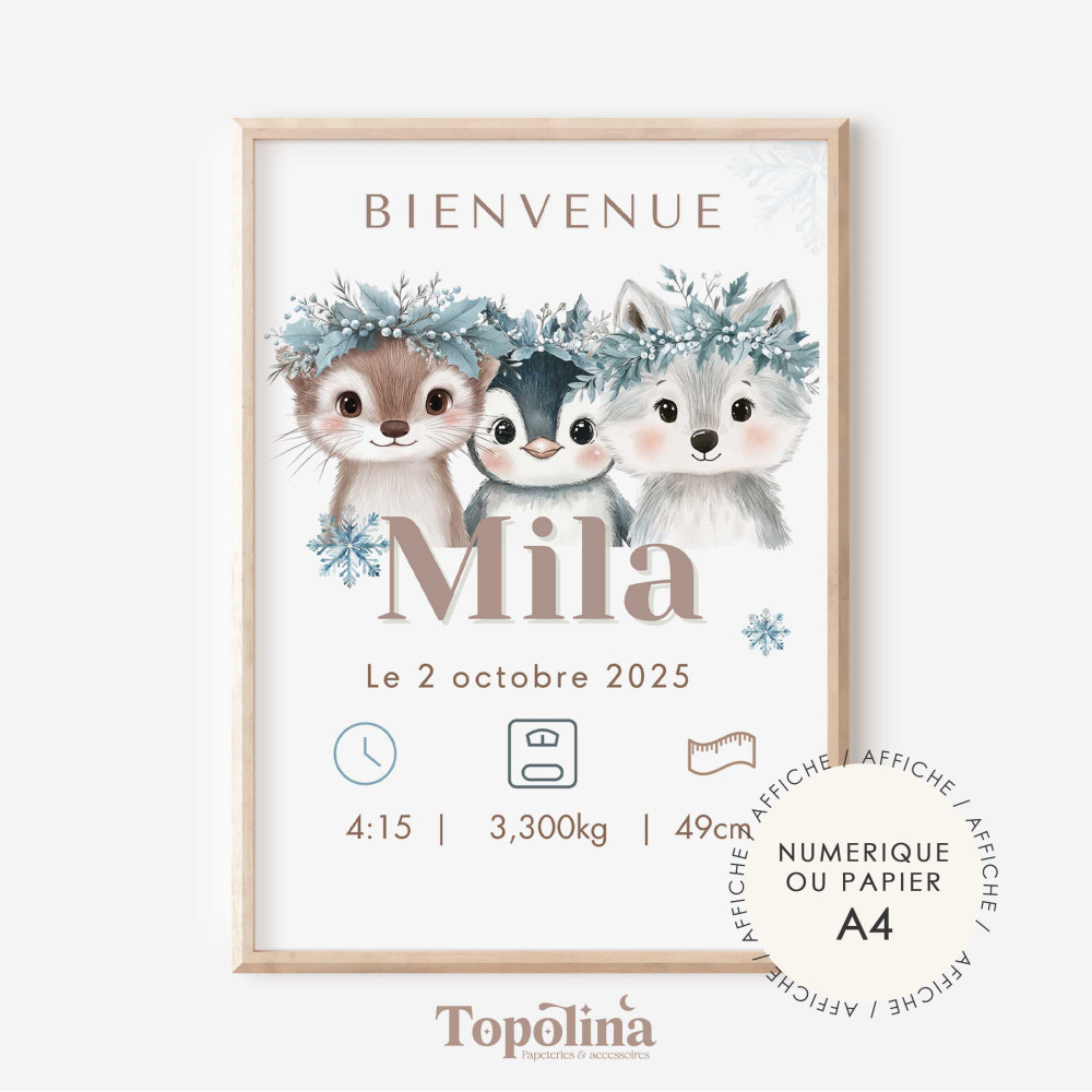 Affiche naissance animaux d’hiver – Loutre, loup & pingouin