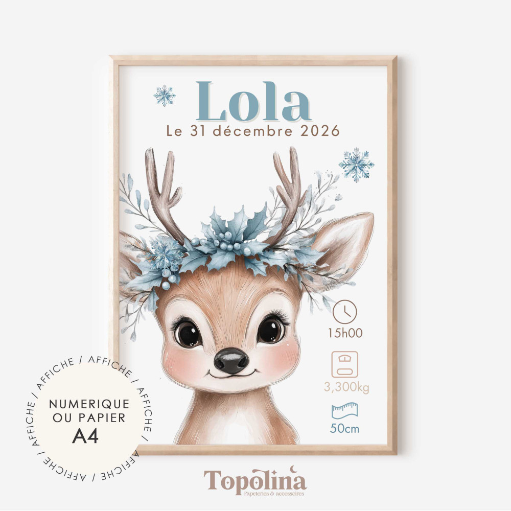 Affiche de naissance biche thème hiver, illustration douce et poétique.
