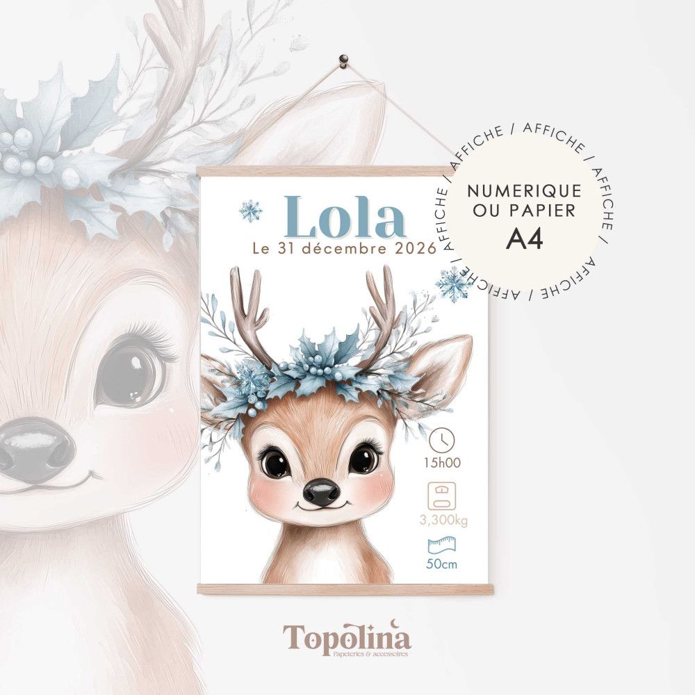 Affiche de naissance biche thème hiver, illustration douce et poétique.