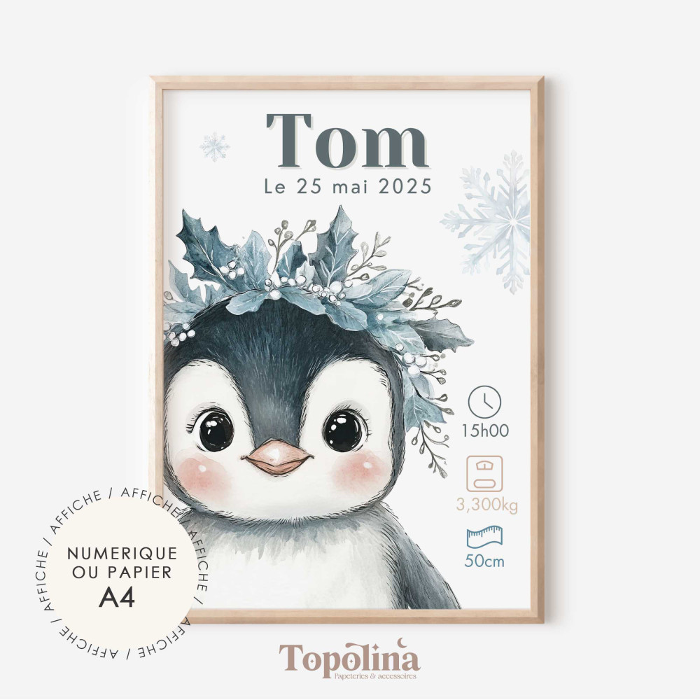 Affiche de naissance pingouin – Décoration bébé mixte thème hiver