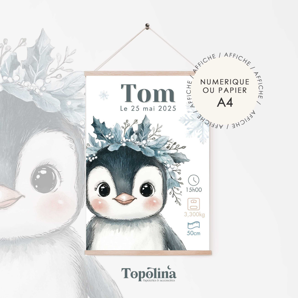 Affiche de naissance pingouin – Décoration bébé mixte thème hiver