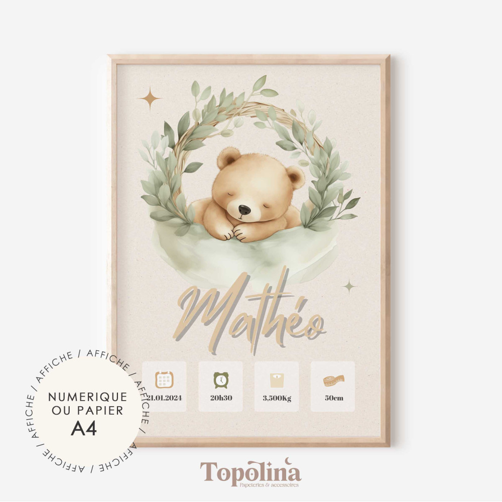Affiche de naissance ourson – Décoration bébé vert et beige