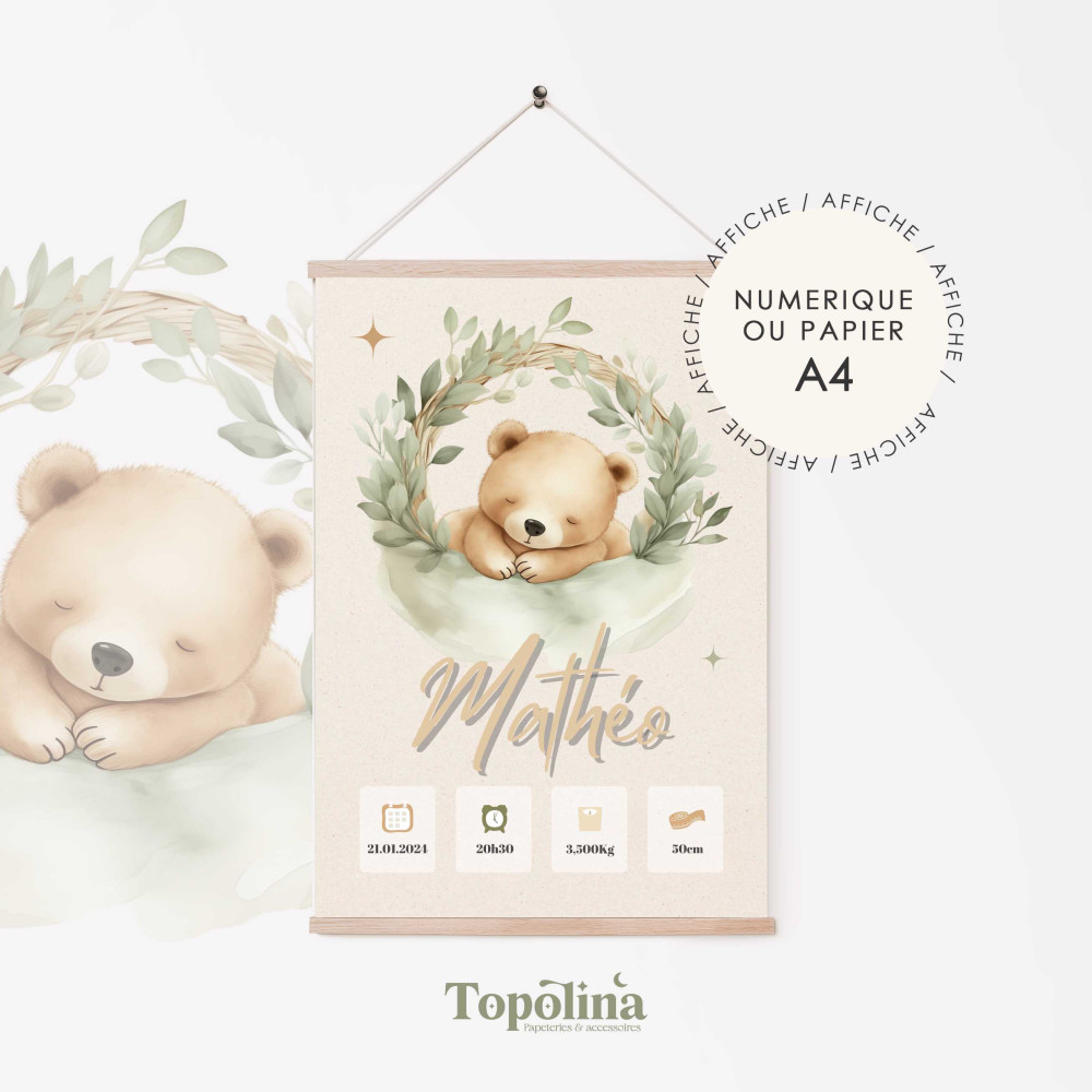 Affiche de naissance ourson – Décoration bébé vert et beige
