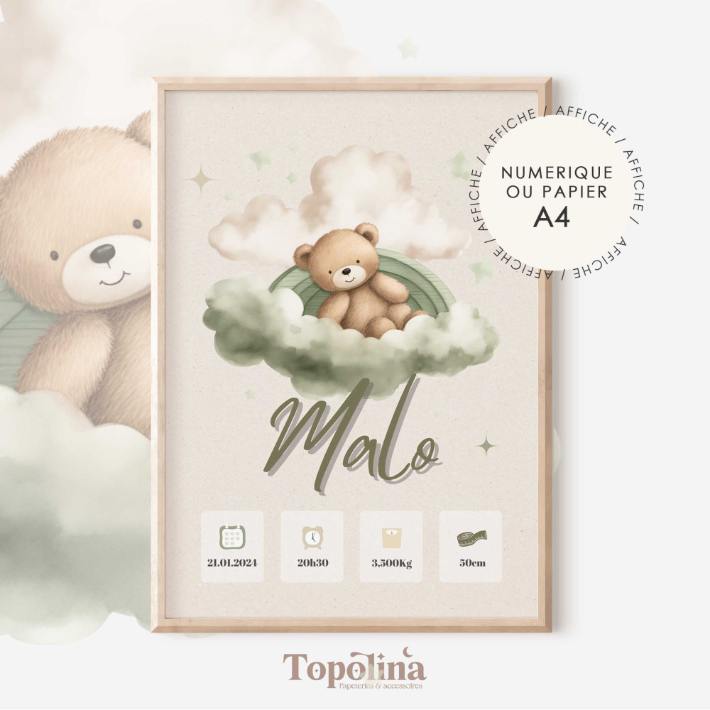 Affiche de naissance ourson – Décoration bébé vert et beige