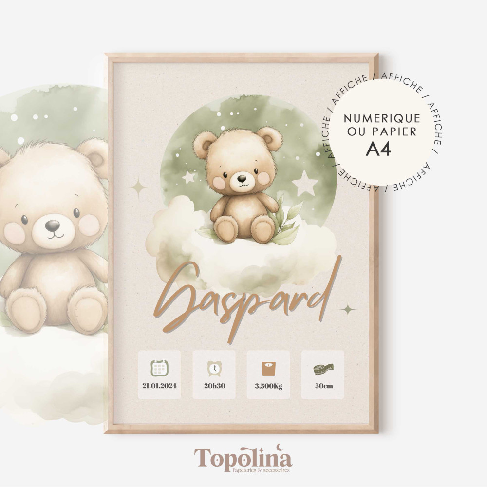 Affiche de naissance ourson – Décoration bébé vert et beige