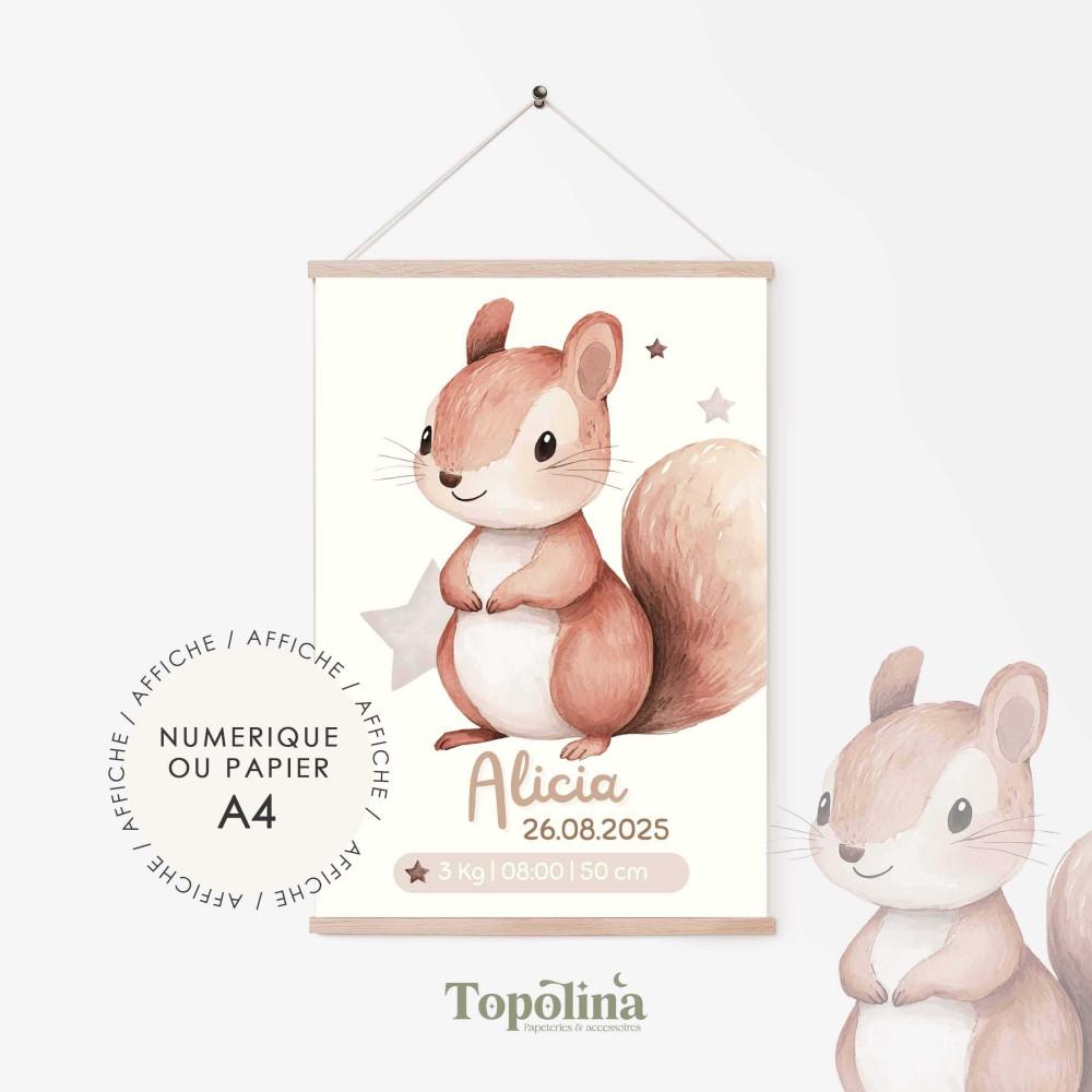 Affiche naissance écureuil – Douceur de la forêt pour bébé
