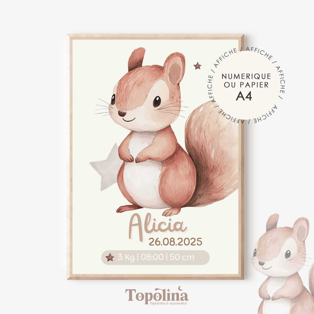 Affiche naissance écureuil – Douceur de la forêt pour bébé