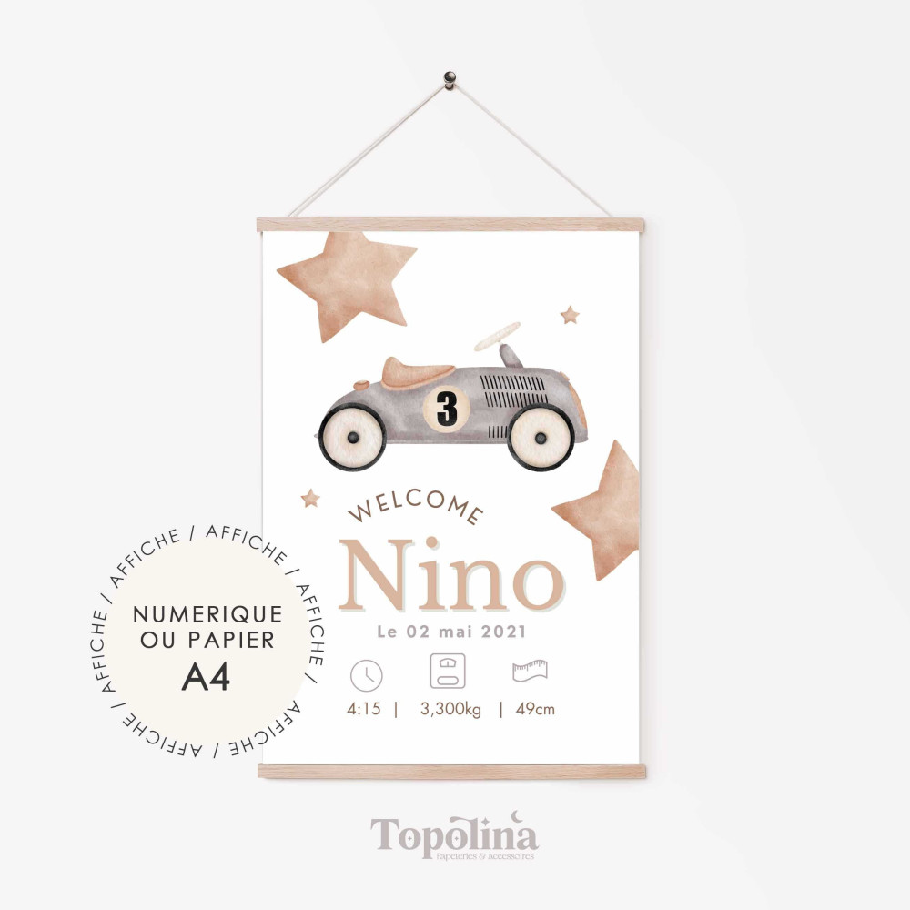 Affiche de naissance voiture vintage – Décoration chambre bébé esprit rétro