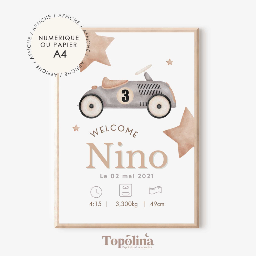 Affiche de naissance voiture vintage – Décoration chambre bébé esprit rétro