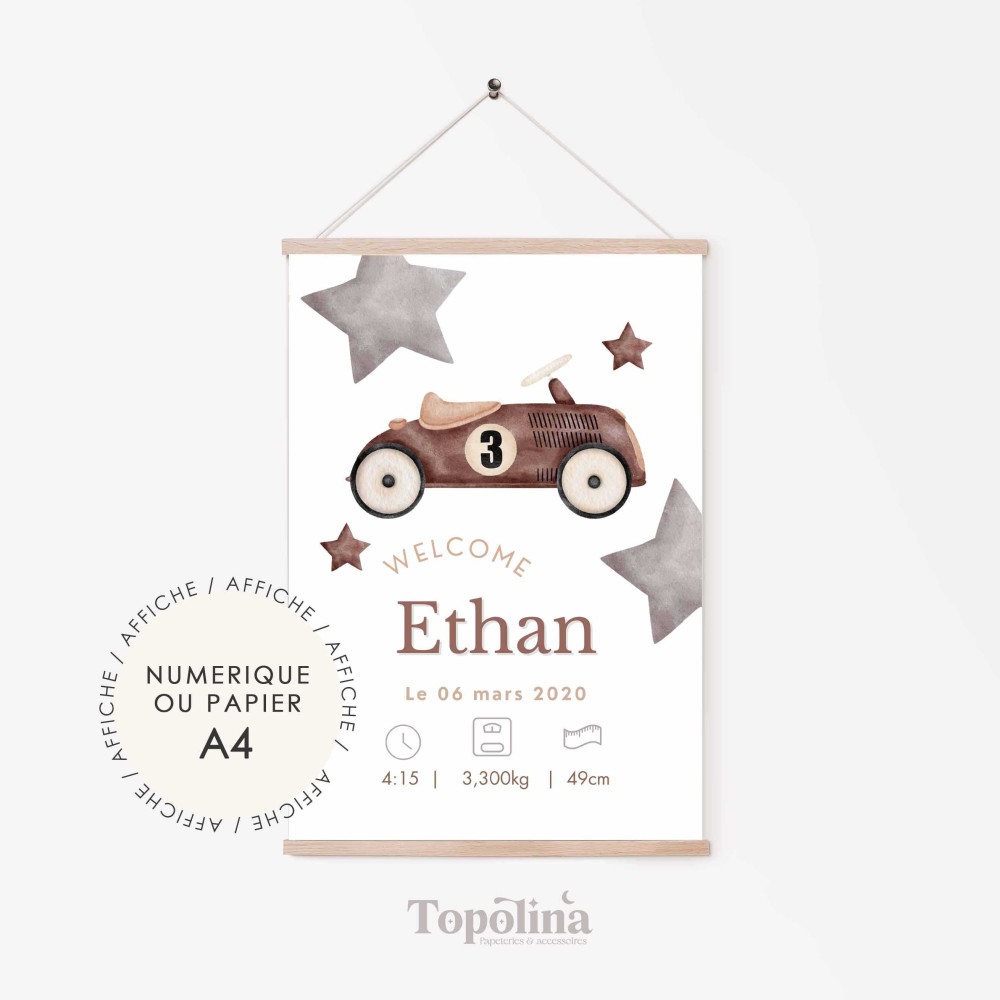 Affiche de naissance voiture vintage – Décoration chambre bébé esprit rétro