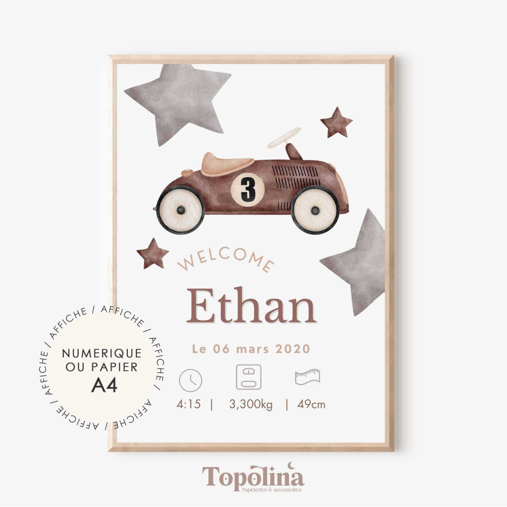 Affiche de naissance voiture vintage – Décoration chambre bébé esprit rétro