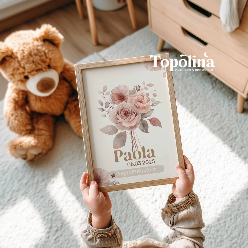 Affiche de naissance fleurs roses – Décoration chambre bébé douce et florale