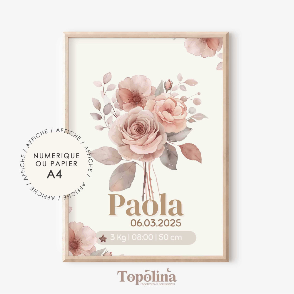 Affiche de naissance fleurs roses – Décoration chambre bébé douce et florale