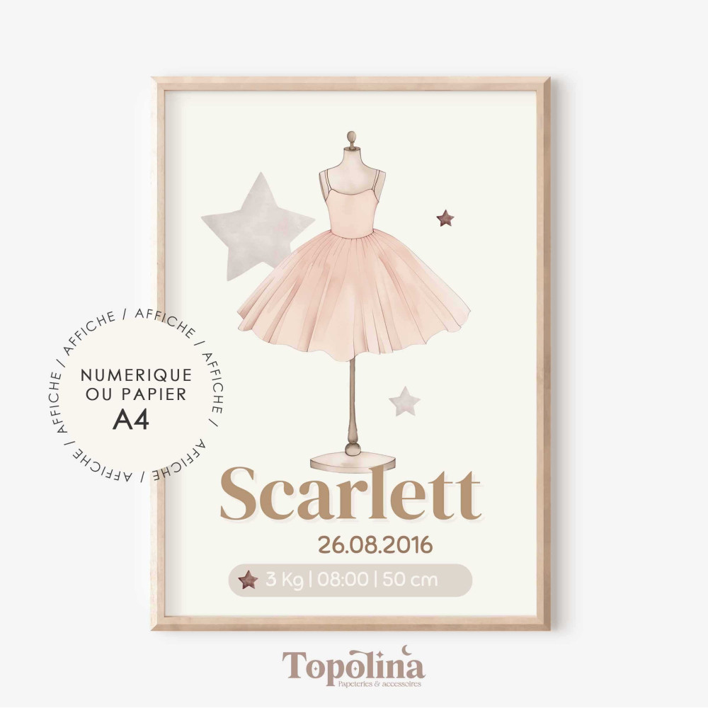Affiche de naissance tutu de danse – Décoration chambre bébé douce et élégante