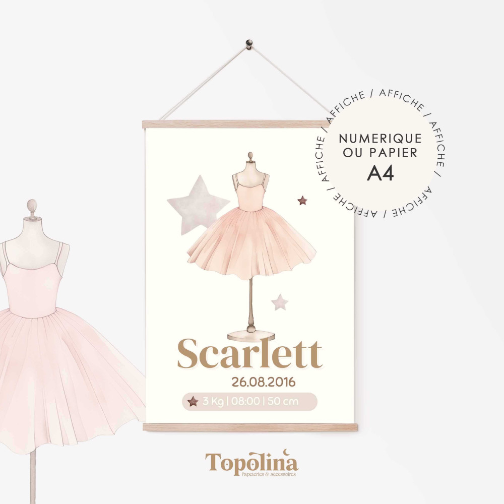 Affiche de naissance tutu de danse – Décoration chambre bébé douce et élégante
