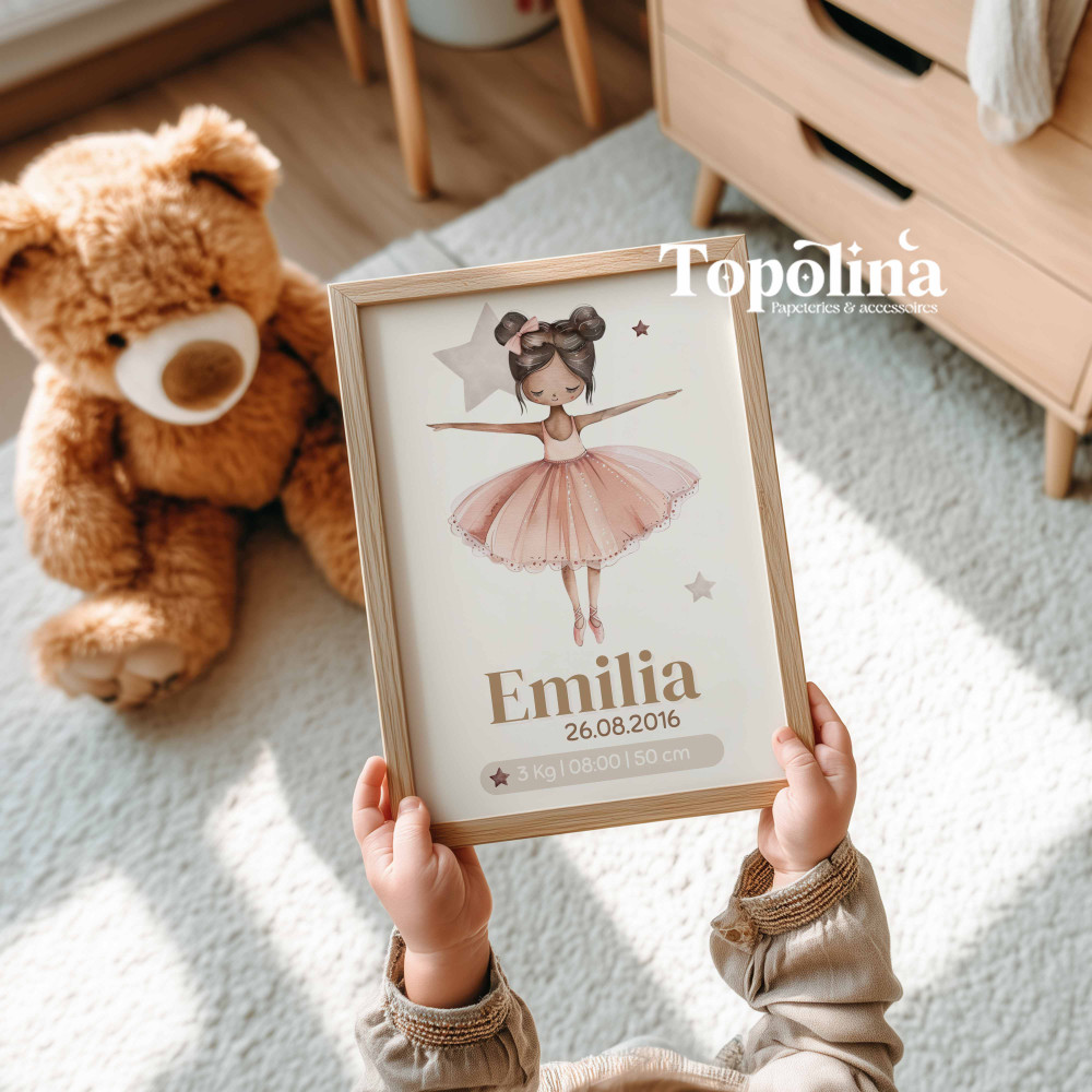 Affiche de naissance danseuse étoile – Décoration chambre bébé rose et poétique