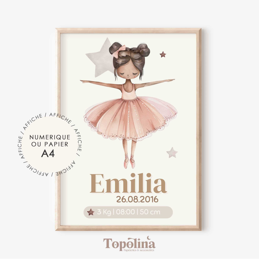 Affiche de naissance danseuse étoile – Décoration chambre bébé rose et poétique