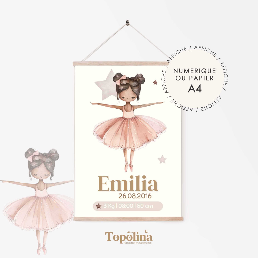 Affiche de naissance danseuse étoile – Décoration chambre bébé rose et poétique