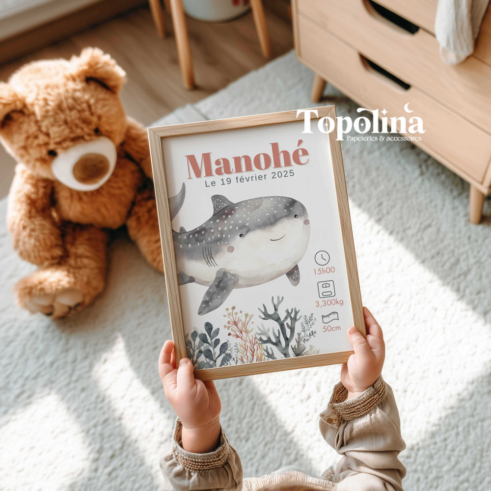 Affiche de naissance requin – Décoration chambre bébé thème marin