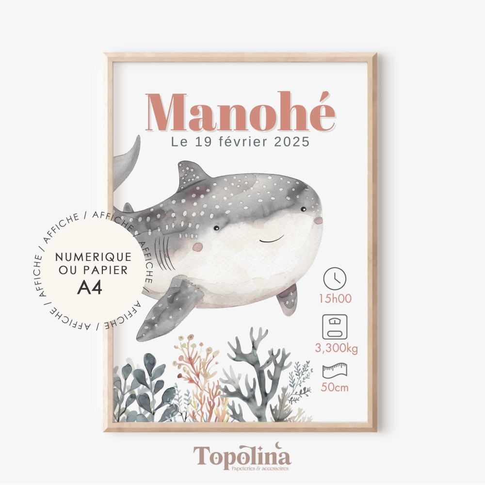 Affiche de naissance requin – Décoration chambre bébé thème marin