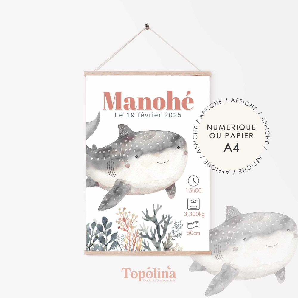Affiche de naissance requin – Décoration chambre bébé thème marin