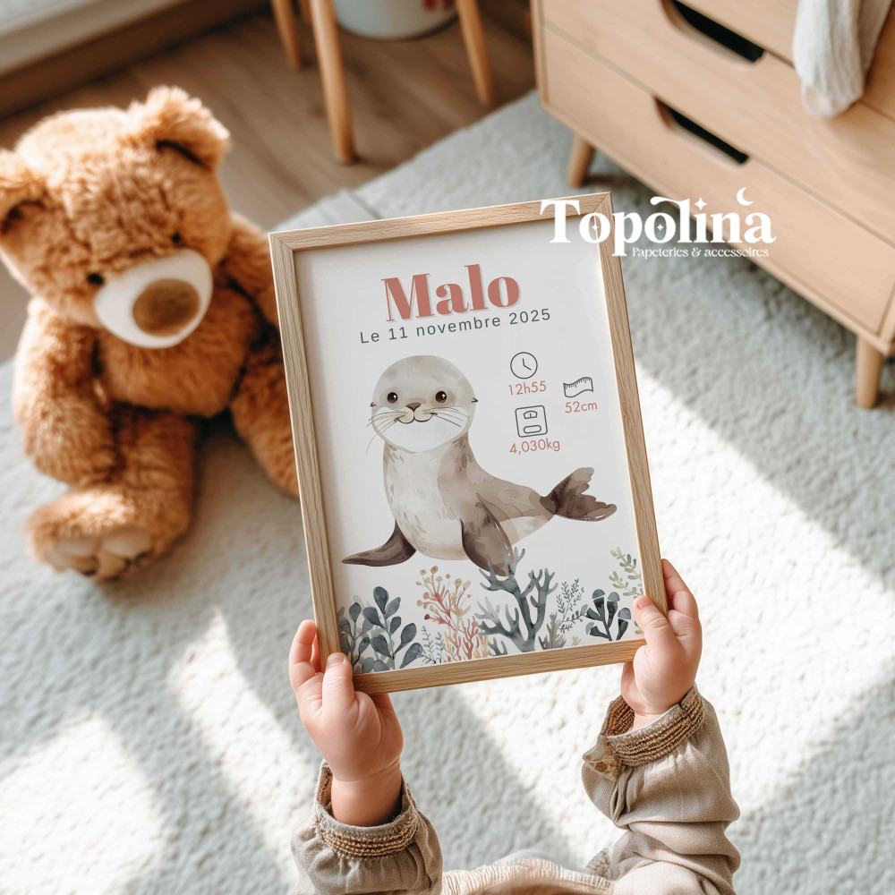 Affiche de naissance otarie – Décoration chambre bébé thème marin