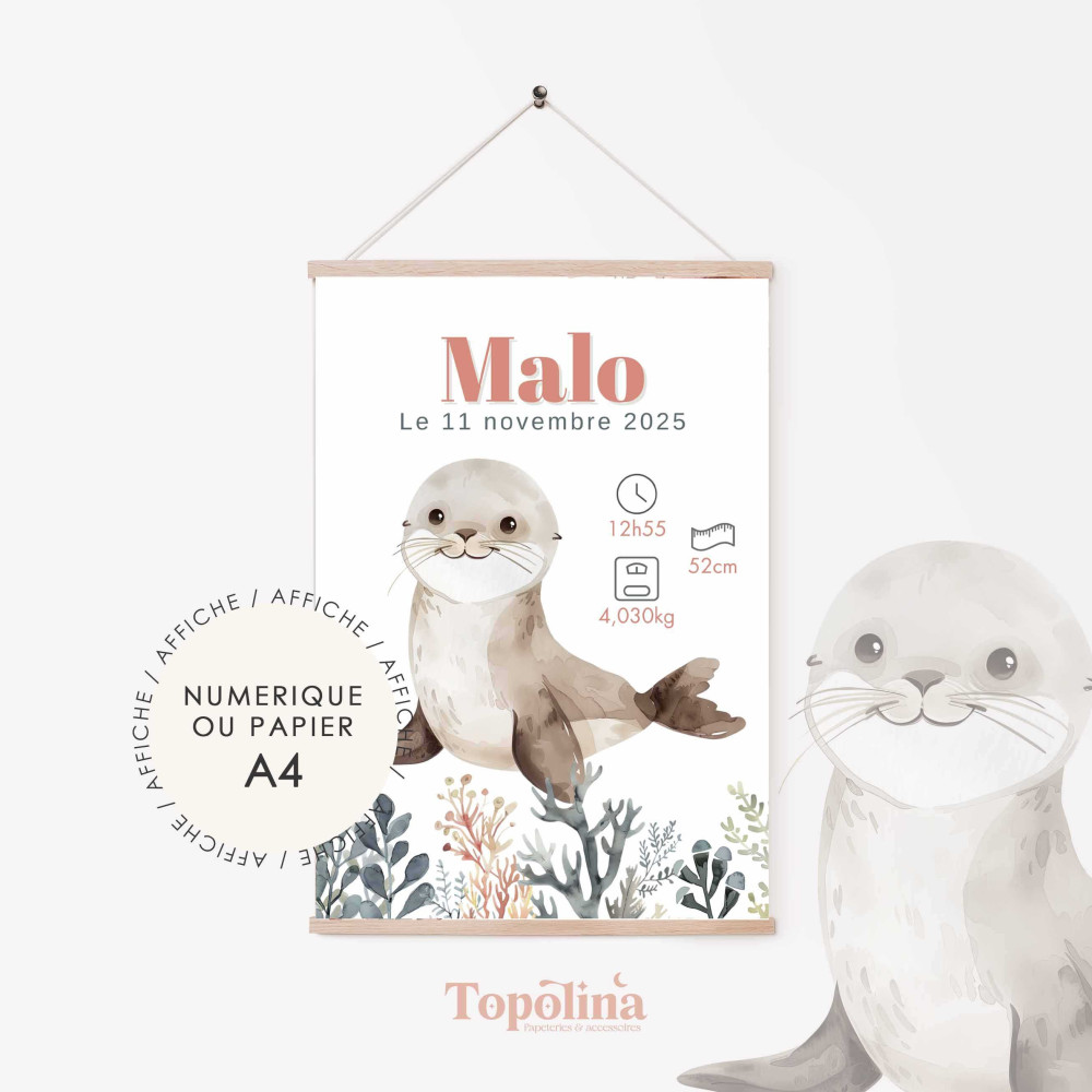 Affiche de naissance otarie – Décoration chambre bébé thème marin