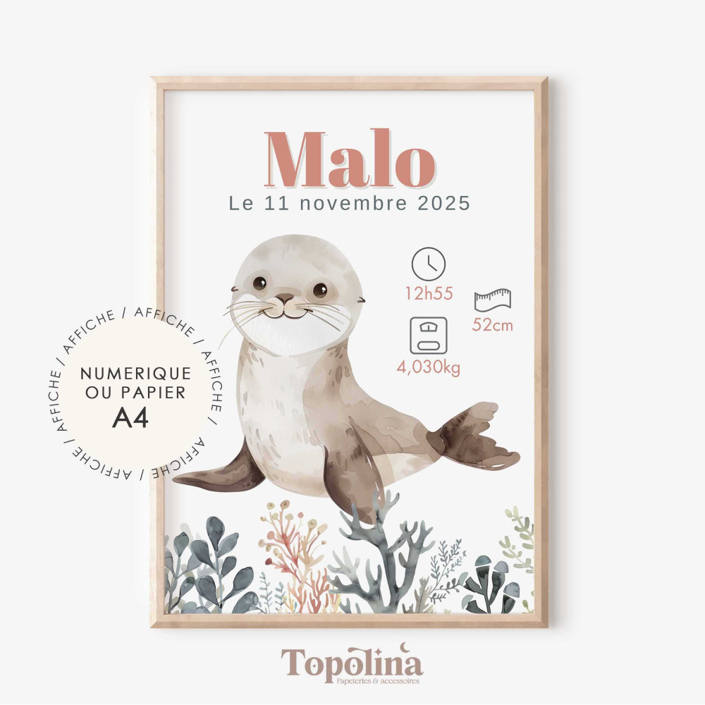 Affiche de naissance otarie – Décoration chambre bébé thème marin