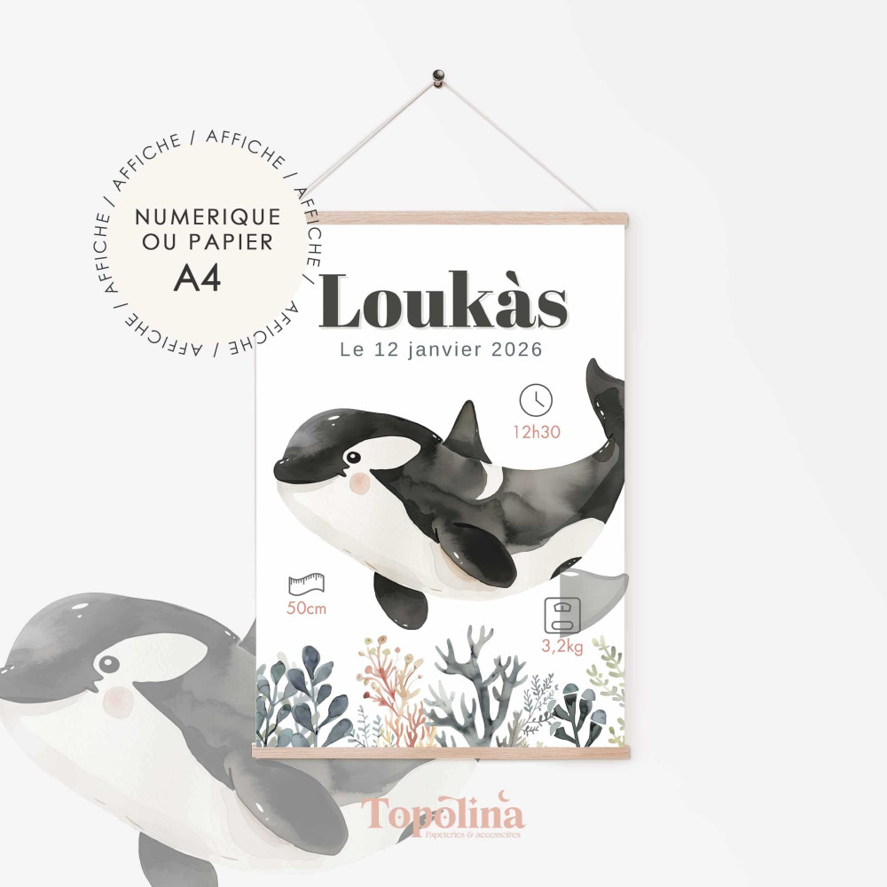 Affiche de naissance orque – Décoration chambre bébé thème marin