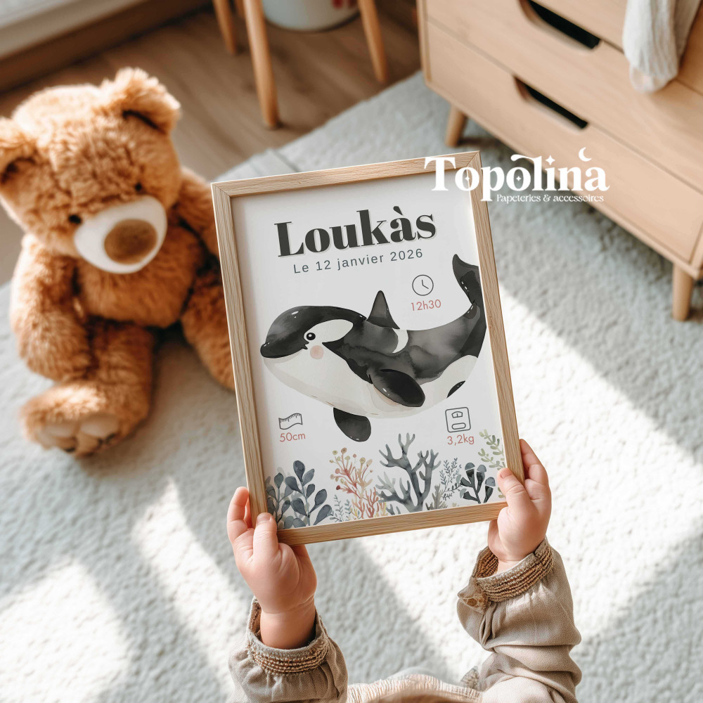 Affiche de naissance orque – Décoration chambre bébé thème marin