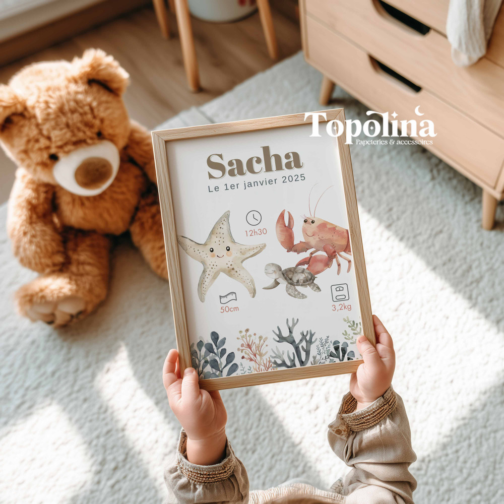 Affiche de naissance la mer – Décoration chambre bébé thème marin