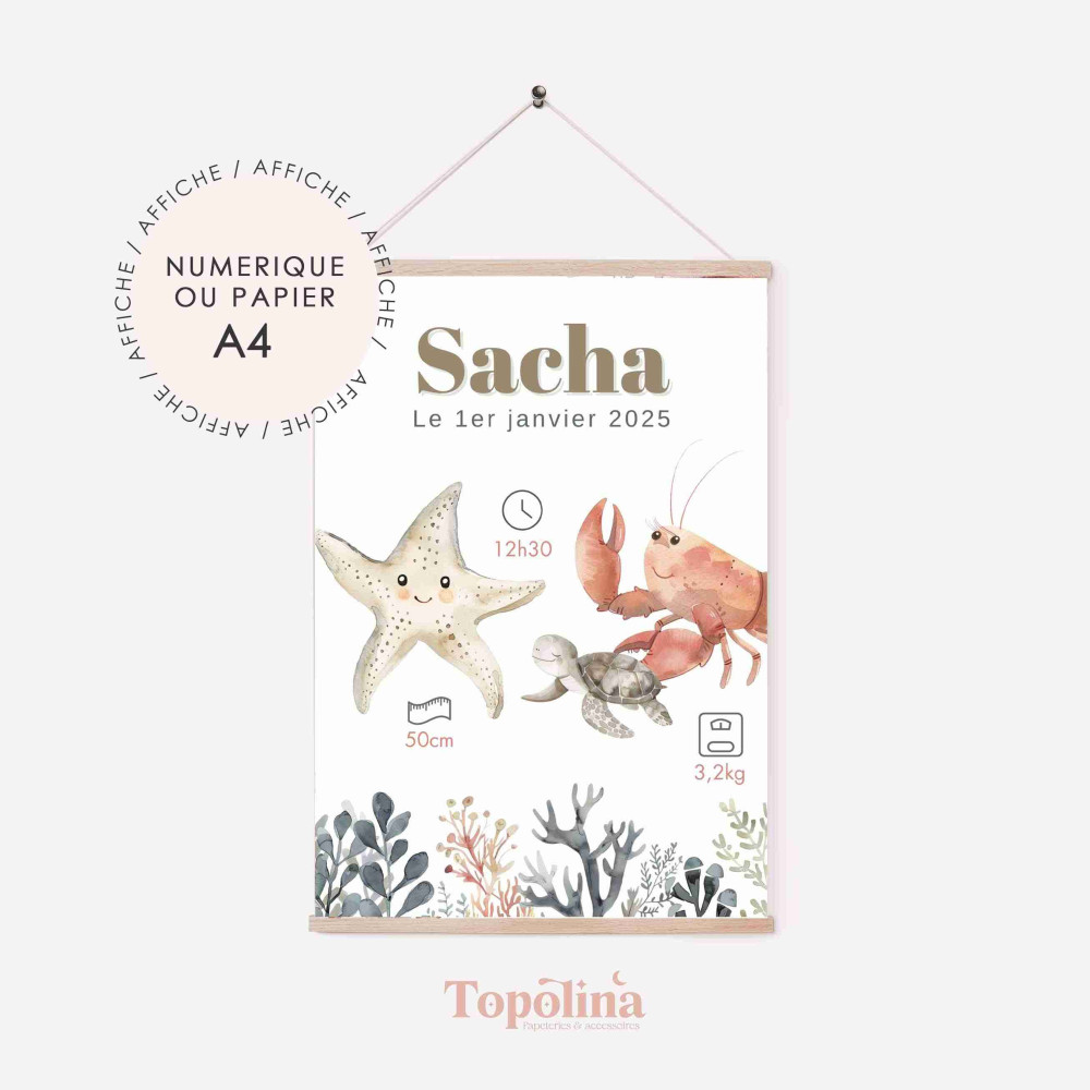 Affiche de naissance la mer – Décoration chambre bébé thème marin