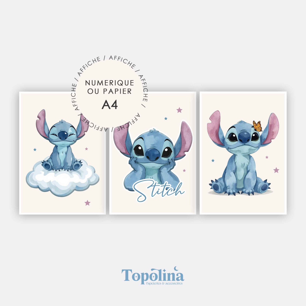 Lot de 3 affiches illustrées Stitch – Décoration douce et joyeuse