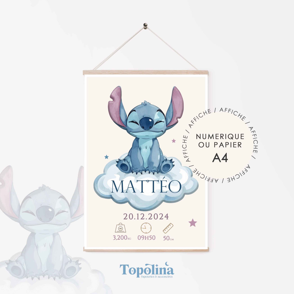 Affiche de naissance stitch – Décoration chambre enfant