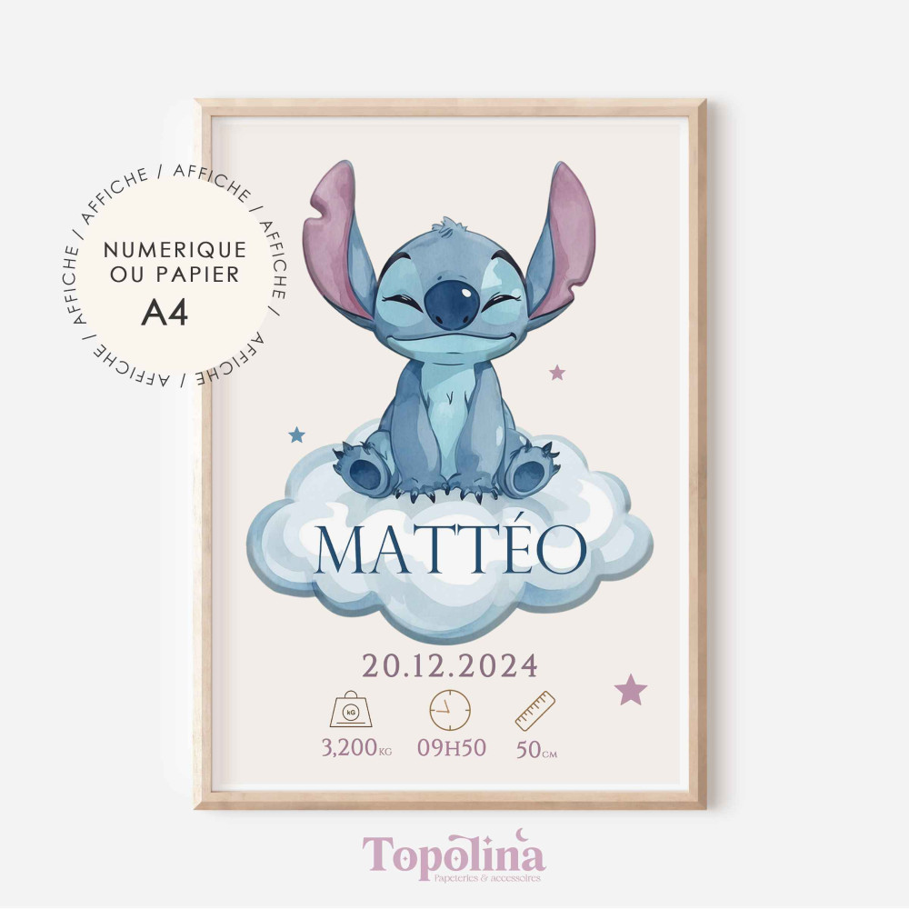 Affiche de naissance stitch – Décoration chambre enfant