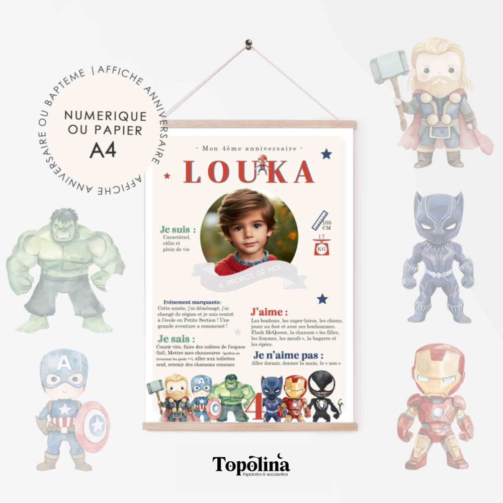 Affiche Anniversaire ou Baptême Personnalisée – Thème Super-Héros Marvel