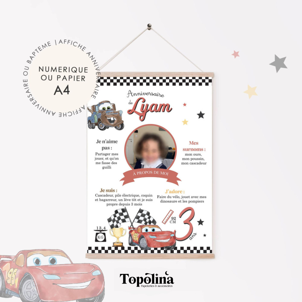 ★ Affiche anniversaire/baptême -  Prêt, feu, fête ! Cars