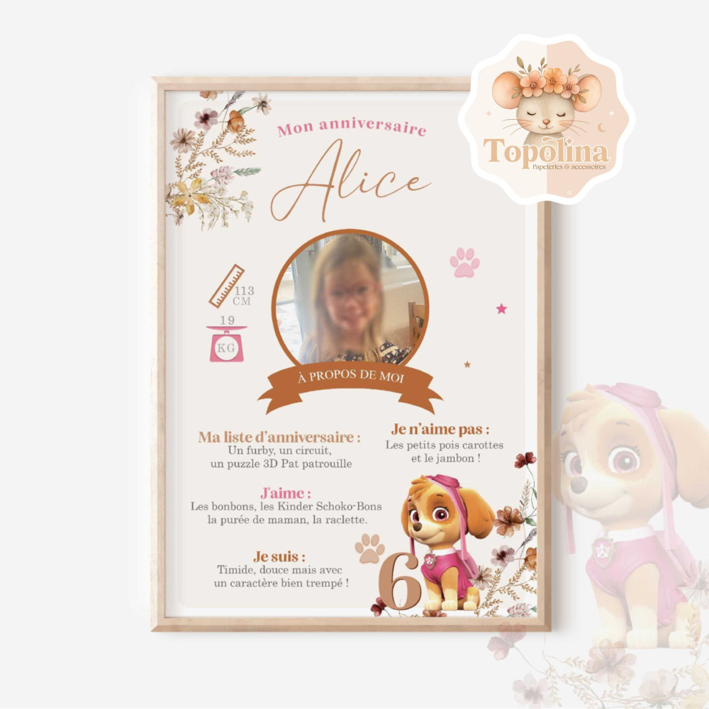 ★ Affiche anniversaire/baptême - Pat'Patrouille fleuri