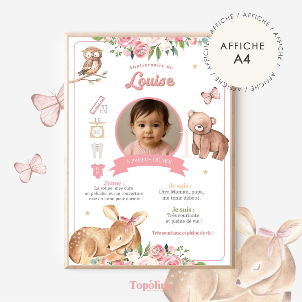Affiche Anniversaire ou Baptême Personnalisée – Thème Nature Bois, Hibou, Biche & Ours