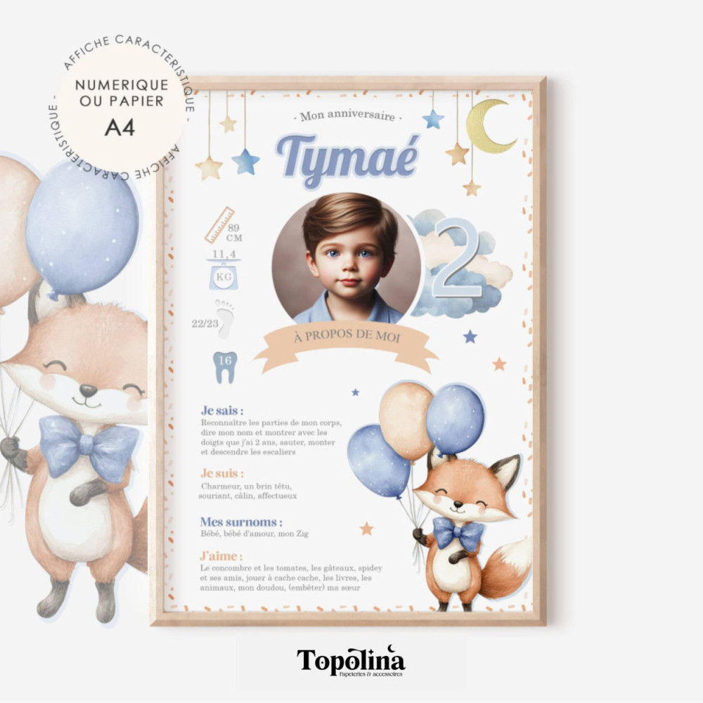 Affiche Anniversaire ou Baptême Personnalisée – Thème Renard & Ciel