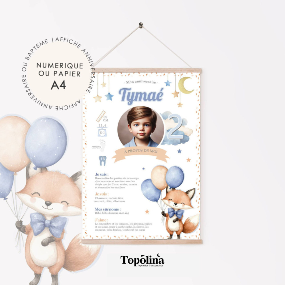 Affiche Anniversaire ou Baptême Personnalisée – Thème Renard & Ciel
