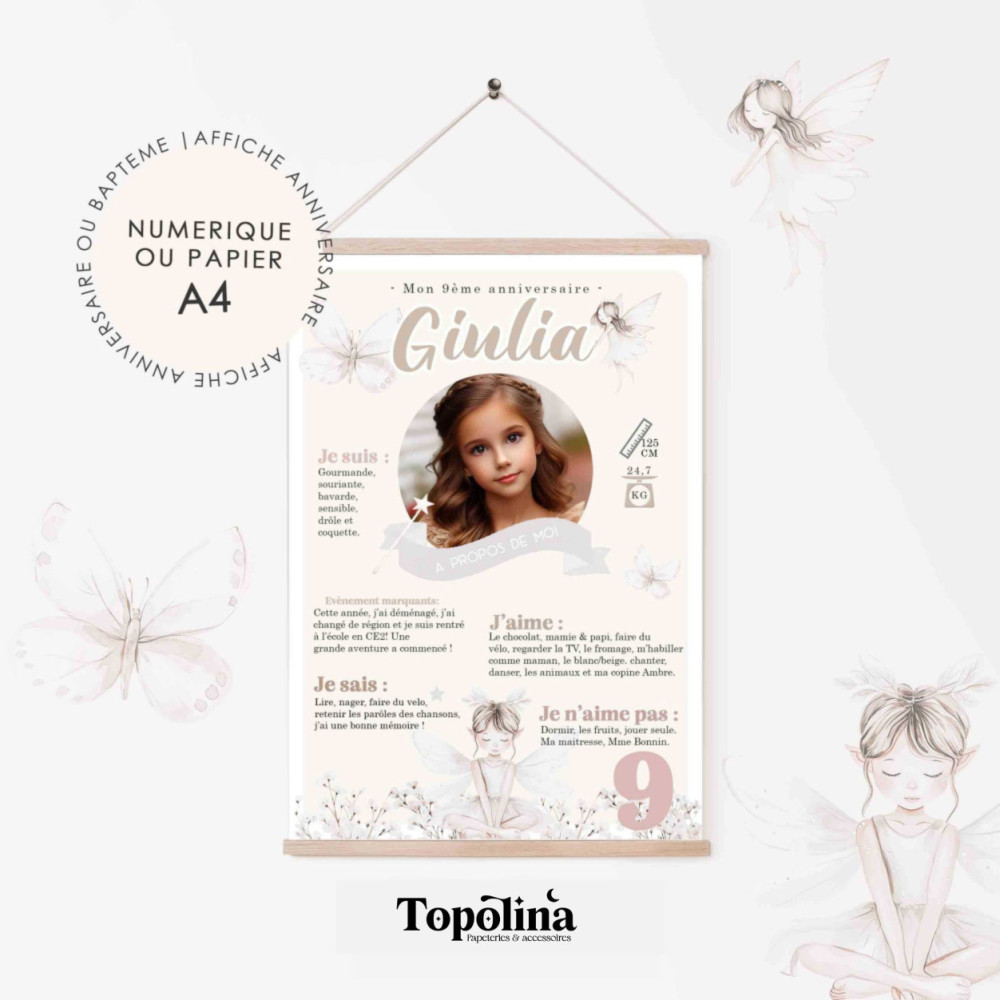 Affiche Anniversaire ou Baptême Personnalisée – Thème Petites Fées & Féérie