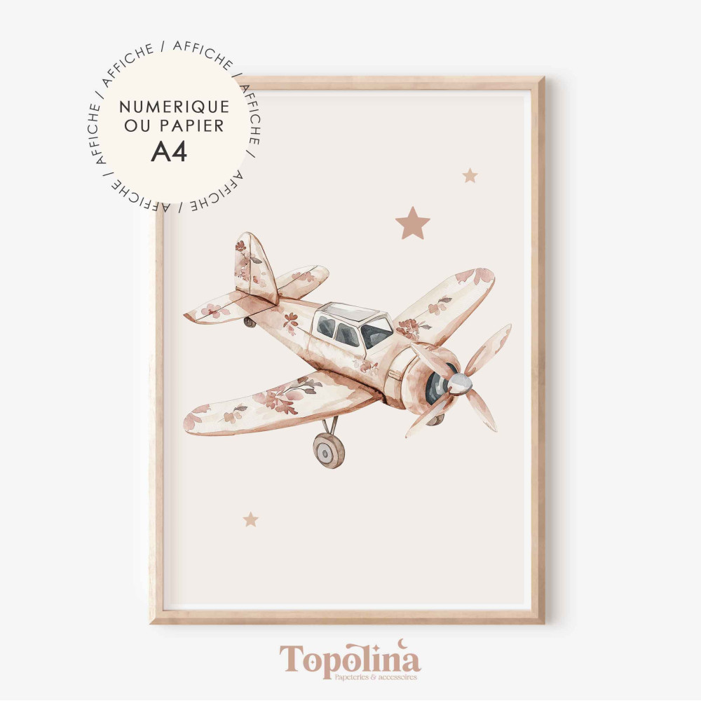 Affiche illustrée avion girly fleuri – Douceur & poésie