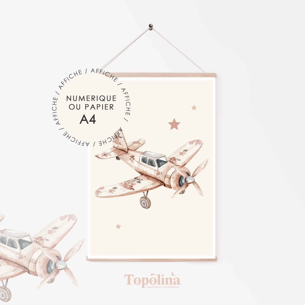 Affiche illustrée avion girly fleuri – Douceur & poésie