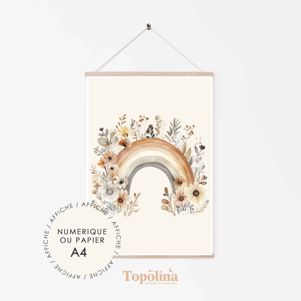 Affiche arc-en-ciel fleuri – Décoration pastel chambre enfant