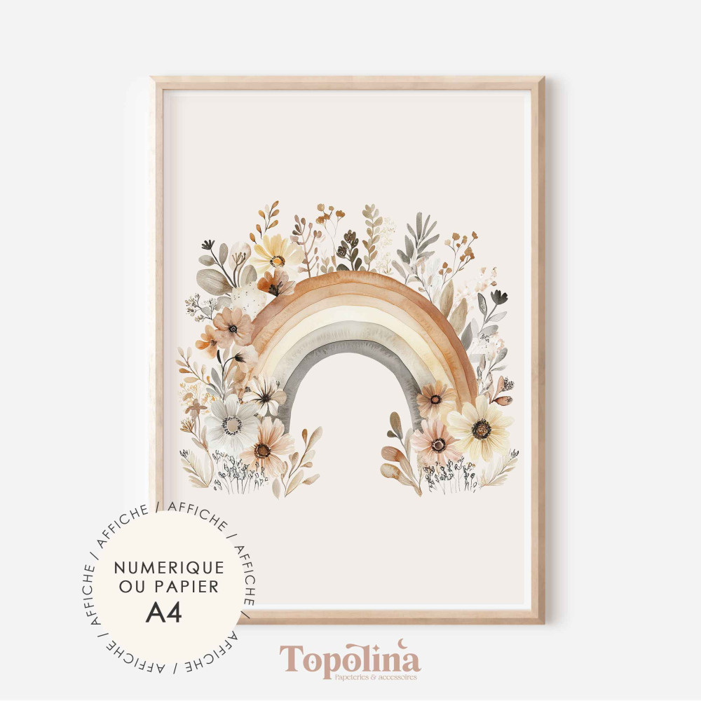Affiche arc-en-ciel fleuri – Décoration pastel chambre enfant